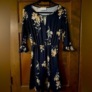 French Grey Navy Floral Cropped Sleeve Dress